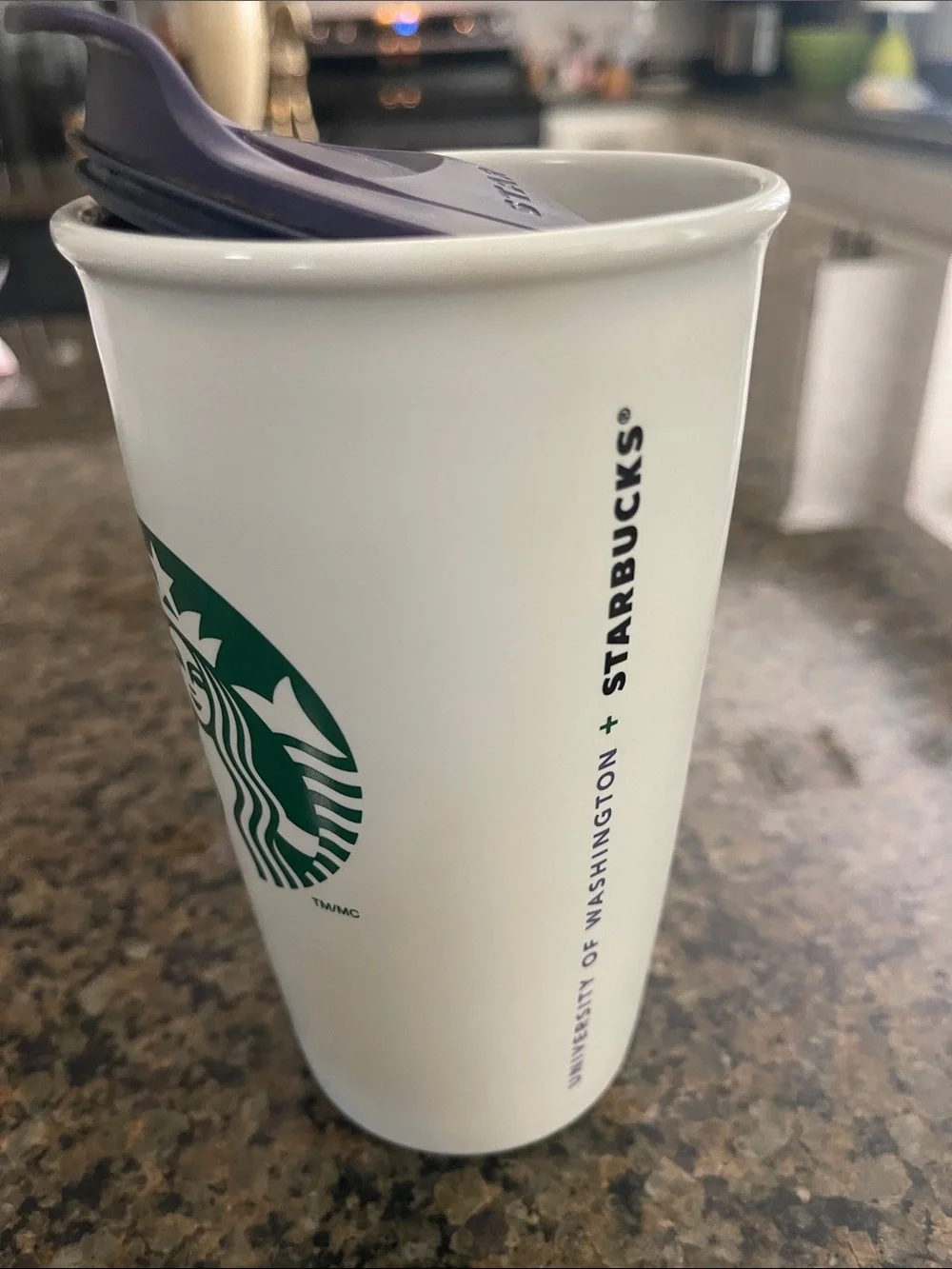 University of Washington Ceramic Starbucks Tumbler with Purple & Gold 'W' Logo